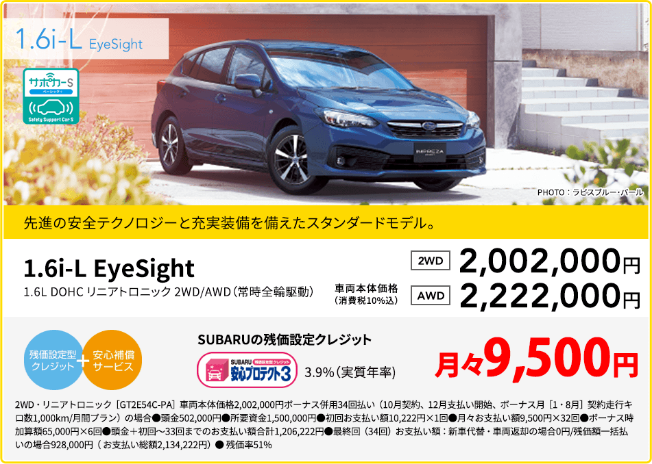 1.6i-L  EyeSight 先進の安全テクノロジーと充実装備を備えたスタンダードモデル。1.6i-L EyeSight 1.6L DOHC リニアトロニック 2WD/AWD（常時全輪駆動） 車両本体価格（消費税10%込）2WD 2,002,000円 AWD 2,222,000円 SUBARUの残価設定クレジット 3.9%（実質年率) 月々9,500円 2WD・リニアトロニック［GT2E54C-PA］車両本体価格2,002,000円ボーナス併用34回払い（10月契約、12月支払い開始、ボーナス月［1・8月］契約走行キロ数1,000km/月間プラン）の場合●頭金502,000円●所要資金1,500,000円●初回お支払い額10,222円×1回●月々お支払い額9,500円×32回●ボーナス時加算額65,000円×6回●頭金＋初回～33回までのお支払い額合計1,206,222円●最終回（34回）お支払い額：新車代替・車両返却の場合0円/残価額一括払いの場合928,000円（ お支払い総額2,134,222円）● 残価率51%