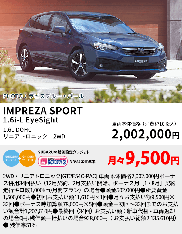 PHOTO：ラピスブルー・パール IMPREZA SPORT 1.6i-L EyeSight 1.6L DOHC　リニアトロニック　2WD 車両本体価格（消費税10%込） 2,002,000円 SUBARUの残価設定クレジット 3.9%（実質年率) 月々9,500円 2WD・リニアトロニック[GT2E54C-PAC] 車両本体価格2,002,000円ボーナス併用34回払い（12月契約、2月支払い開始、ボーナス月［1・8月］契約走行キロ数1,000km/月間プラン）の場合●頭金502,000円●所要資金1,500,000円●初回お支払い額11,610円×1回●月々お支払い額9,500円×32回●ボーナス時加算額78,000円×5回●頭金＋初回～33回までのお支払い額合計1,207,610円●最終回（34回）お支払い額：新車代替・車両返却の場合0円/残価額一括払いの場合928,000円（ お支払い総額2,135,610円）● 残価率51%