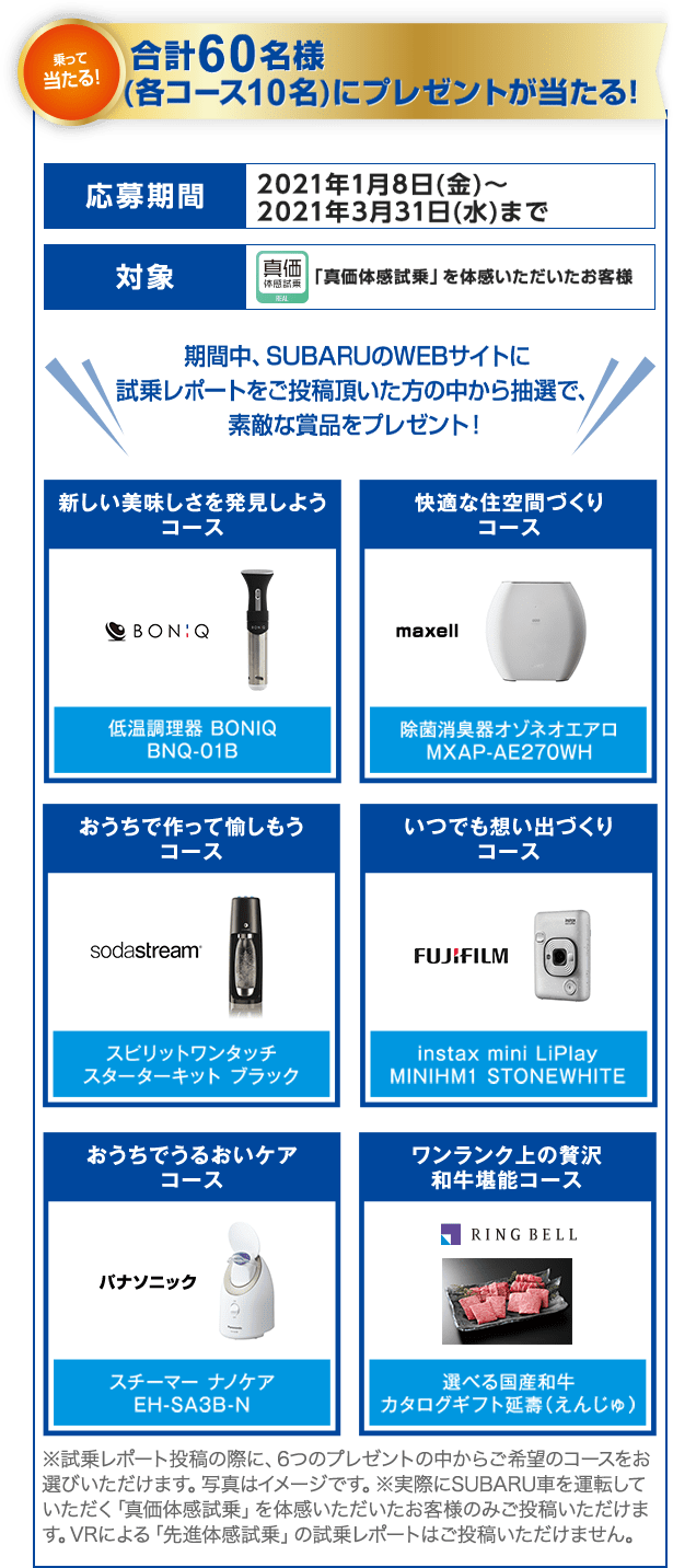 乗って当たる！合計60名様(各コース10名)にプレゼントが当たる！ 応募期間 2021年1月8日(金)～2021年3月31日(水)まで 対象 「真価体感試乗」を体感いただいたお客様 期間中、SUBARUのWEBサイトに試乗レポートをご投稿頂いた方の中から抽選で、素敵な賞品をプレゼント！ 新しい美味しさを発見しようコース 低温調理器 BONIQBNQ-01B  快適な住空間づくりコース 除菌消臭器オゾネオエアロMXAP-AE270WH  おうちで作って愉しもうコース スピリットワンタッチスターターキット ブラック  いつでも想い出づくりコース instax mini LiPlayMINIHM1 STONEWHITE  おうちでうるおいケアコース スチーマー ナノケアEH-SA3B-N  ワンランク上の贅沢和牛堪能コース 選べる国産和牛カタログギフト延壽（えんじゅ）  ※試乗レポート投稿の際に、6つのプレゼントの中からご希望のコースをお選びいただけます。写真はイメージです。※実際にSUBARU車を運転していただく「真価体感試乗」を体感いただいたお客様のみご投稿いただけます。VRによる「先進体感試乗」の試乗レポートはご投稿いただけません。