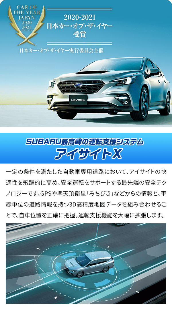 SUBARU最高峰の運転支援システム アイサイトX 一定の条件を満たした自動車専用道路において、アイサイトの快適性を飛躍的に高め、安全運転をサポートする最先端の安全テクノロジーです。GPSや準天頂衛星「みちびき」などからの情報と、車線単位の道路情報を持つ3D高精度地図データを組み合わせることで、自車位置を正確に把握。運転支援機能を大幅に拡張します。