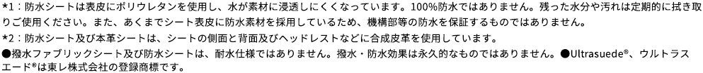 1：防水シートは表皮にポリウレタンを使用し、水が素材に浸透しにくくなっています。100%防水ではありません。残った水分や汚れは定期的に拭き取りご使用ください。また、あくまでシート表皮に防水素材を採用しているため、機構部等の防水を保証するものではありません。※2：防水シート及び本革シートは、シートの側面と背面及びヘッドレストなどに合成皮革を使用しています。●撥水ファブリックシート及び防水シートは、耐水仕様ではありません。撥水・防水効果は永久的なものではありません。●Ultrasuede(R)、ウルトラスエード(R)は東レ株式会社の登録商標です。