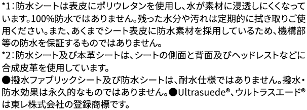 1：防水シートは表皮にポリウレタンを使用し、水が素材に浸透しにくくなっています。100%防水ではありません。残った水分や汚れは定期的に拭き取りご使用ください。また、あくまでシート表皮に防水素材を採用しているため、機構部等の防水を保証するものではありません。※2：防水シート及び本革シートは、シートの側面と背面及びヘッドレストなどに合成皮革を使用しています。●撥水ファブリックシート及び防水シートは、耐水仕様ではありません。撥水・防水効果は永久的なものではありません。●Ultrasuede(R)、ウルトラスエード(R)は東レ株式会社の登録商標です。