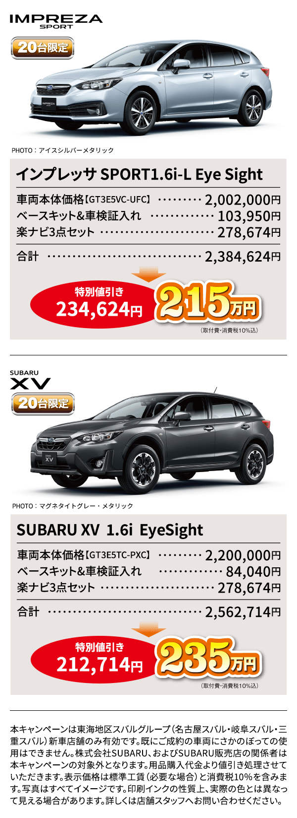 IMPREZA SPORT PHOTO：アイスシルバーメタリック インプレッサ SPORT 1.6i-L Eye Sight 車両本体価格【GT3E5VC-UFC】2,002,000円 ベースキット&車検証入れ103,950円 楽ナビ3点セット278,674円 特別値引き234,624円 215万円 SUBARU XV PHOTO：マグネタイトグレー・メタリック SUBARU XV  1.6i EyeSight 車両本体価格【GT3E5TC-PXC】2,200,000円ベースキット&車検証入れ84,040円楽ナビ3点セット278,674円 特別値引き212,714円 235万円 本キャンペーンは東海地区スバルグループ（名古屋スバル・岐阜スバル・三重スバル）新車店舗のみ有効です。既にご成約の車両にさかのぼっての使用はできません。株式会社SUBARU、およびSUBARU販売店の関係者は本キャンペーンの対象外となります。用品購入代金より値引き処理させていただきます。表示価格は標準工賃（必要な場合）と消費税10％を含みます。写真はすべてイメージです。印刷インクの性質上、実際の色とは異なって見える場合があります。詳しくは店舗スタッフへお問い合わせください。