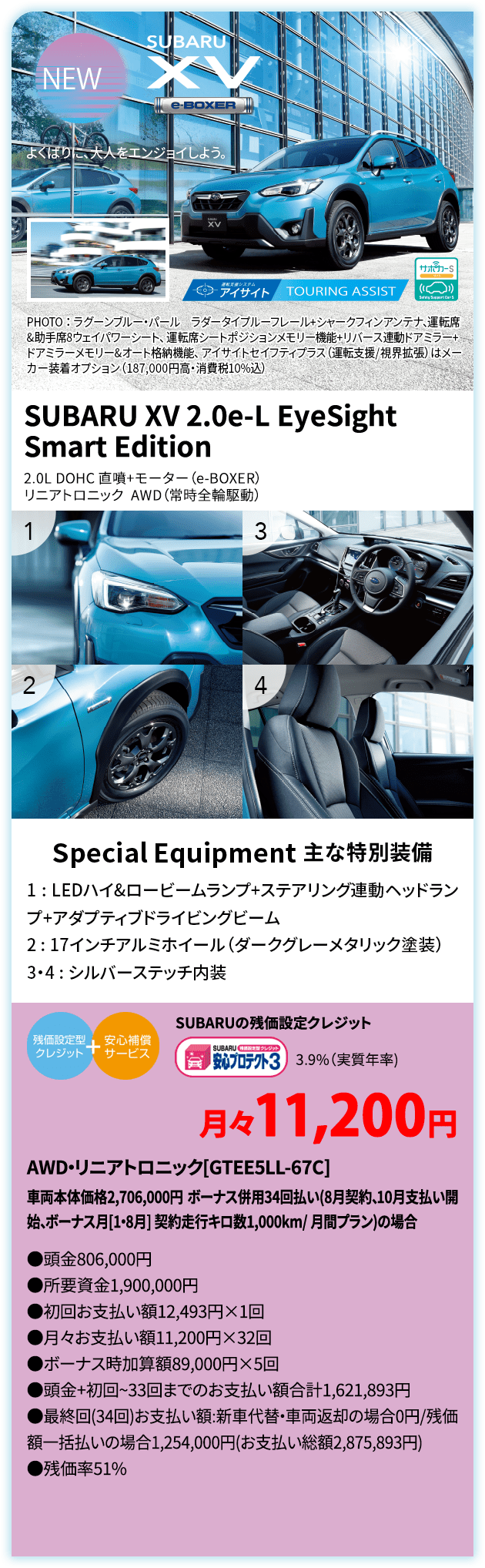 SUBARU XV よくばりに、大人をエンジョイしよう。 PHOTO ： ラグーンブルー・パール　ラダータイプルーフレール+シャークフィンアンテナ、運転席&助手席8ウェイパワーシート、 運転席シートポジションメモリー機能+リバース連動ドアミラー+ドアミラーメモリー&オート格納機能、 アイサイトセイフティプラス（運転支援/視界拡張）はメーカー装着オプション（187,000円高・消費税10%込） SUBARU XV 2.0e-LEyeSight Smart Edition 2.0L DOHC 直噴+モーター（e-BOXER） リニアトロニック  AWD（常時全輪駆動） Special Equipment 主な特別装備 1 : LEDハイ&ロービームランプ+ステアリング連動ヘッランプ+アダプティブドライビングビーム2 : 17インチアルミホイール（ダークグレーメタリック塗装） 3・4 : シルバーステッチ内装 SUBARUの残価設定クレジット 3.9%（実質年率) 月々11,200円 AWD・リニアトロニック[GTEE5LL-67C]車両本体価格2,706,000円 ボーナス併用34回払い(7月契約、9月支払い開始、ボーナス月[1・8月] 契約走行キロ数1,000km/ 月間プラン)の場合 ●頭金806,000円●所要資金1,900,000円●初回お支払い額13,864円×1回●月々お支払い額11,200円×32回 ●ボーナス時加算額89,000円×5回●頭金+初回~33回までのお支払い額合計1,623,264円●最終回(34回)お支払い額:新車代替・車両返却の場合0円/残価額一括払いの場合1,254,000円(お支払い 総額2,877,264円) ●残価率51%