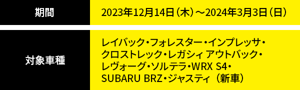 期間2023年12月14日（木）～2024年3月3日（日）対象車種レイバック・フォレスター・インプレッサ・クロストレック・レガシィ アウトバック・ レヴォーグ・ソルテラ・WRX S4・SUBARU BRZ・ジャスティ  （新車）