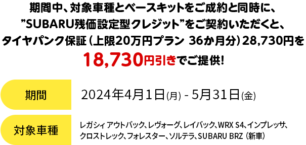 期間中、対象車種とベースキットをご成約と同時に、”SUBARU残価設定型クレジット”をご契約いただくと、タイヤパンク保証（上限20万円プラン 36か月分）28,730円を18,730円引きでご提供！