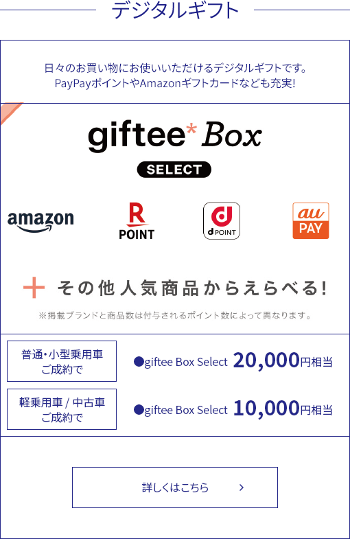 デジタルギフト 日々のお買い物にお使いいただけるデジタルギフトです。PayPayポイントやAmazonギフトカードなども充実!普通・小型乗用車ご成約で20,000円相当 軽乗用車 / 中古車ご成約で10,000円相当 詳しくはこちら
