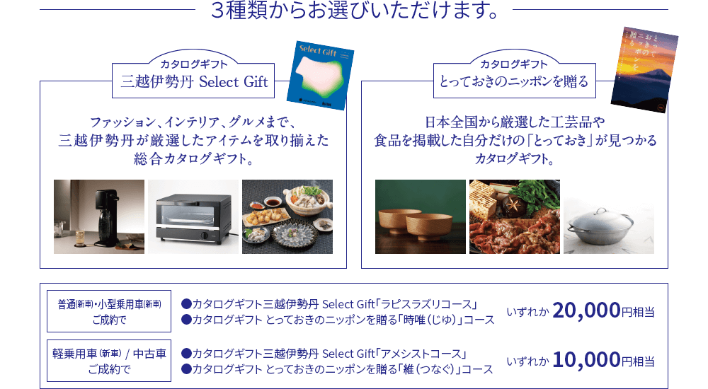 ３種類からお選びいただけます。三越伊勢丹Select Gift：ファッション、インテリア、グルメまで、三越伊勢丹が厳選したアイテムを取り揃えた総合カタログギフト。とっておきのニッポンを贈るカタログギフト：日本全国から厳選した工芸品や食品を掲載した自分だけの「とっておき」が見つかるカタログギフト。