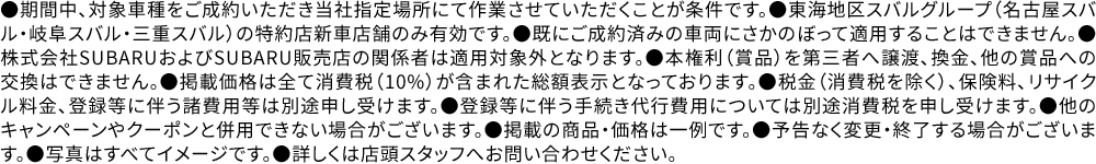 ●期間中、対象車種をご成約いただき当社指定場所にて作業させていただくことが条件です。●東海地区スバルグループ（名古屋スバル・岐阜スバル・三重スバル）の特約店新車店舗のみ有効です。●既にご成約済みの車両にさかのぼって適用することはできません。●株式会社SUBARUおよびSUBARU販売店の関係者は適用対象外となります。●本権利（賞品）を第三者へ譲渡、換金、他の賞品への交換はできません。●掲載価格は全て消費税（10%）が含まれた総額表示となっております。●税金（消費税を除く）、保険料、リサイクル料金、登録等に伴う諸費用等は別途申し受けます。●登録等に伴う手続き代行費用については別途消費税を申し受けます。●他のキャンペーンやクーポンと併用できない場合がございます。●掲載の商品・価格は一例です。●予告なく変更・終了する場合がございます。●写真はすべてイメージです。●詳しくは店頭スタッフへお問い合わせください。