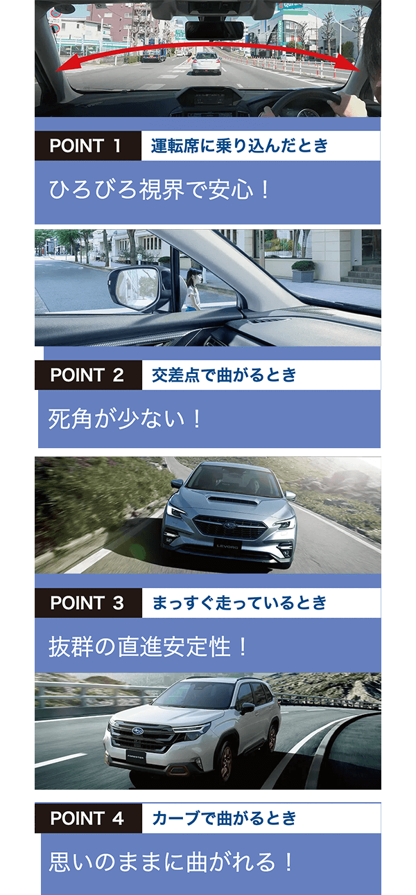 POINT1 運転席に乗り込んだとき、ひろびろ視界で安心！POINT2 交差点で曲がるとき、死角が少ない！POINT3 まっすぐ走っているとき、抜群の直進安定性！POINT4 カーブで曲がるとき、思いのままに曲がれる！