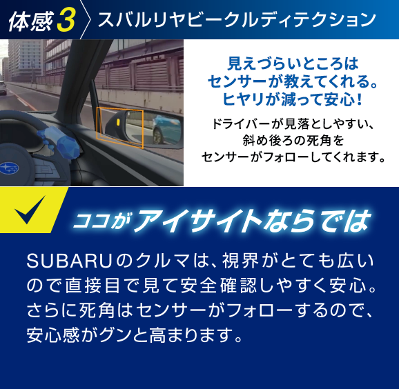 体感3/スバルリヤビークルディてクション/見えづらいところはセンサーが教えてくれる。ヒヤリが減って安心！/ドライバーが見落としやすい、斜め後ろの死角をセンサーがフォローしてくれます。/ココがアイサイトならでは/SUBARUのクルマは、視界がとても広いので直接目で見て安全確認しやすく安心。さらに死角はセンサーがフォローするので、安心感がグンと高まります。